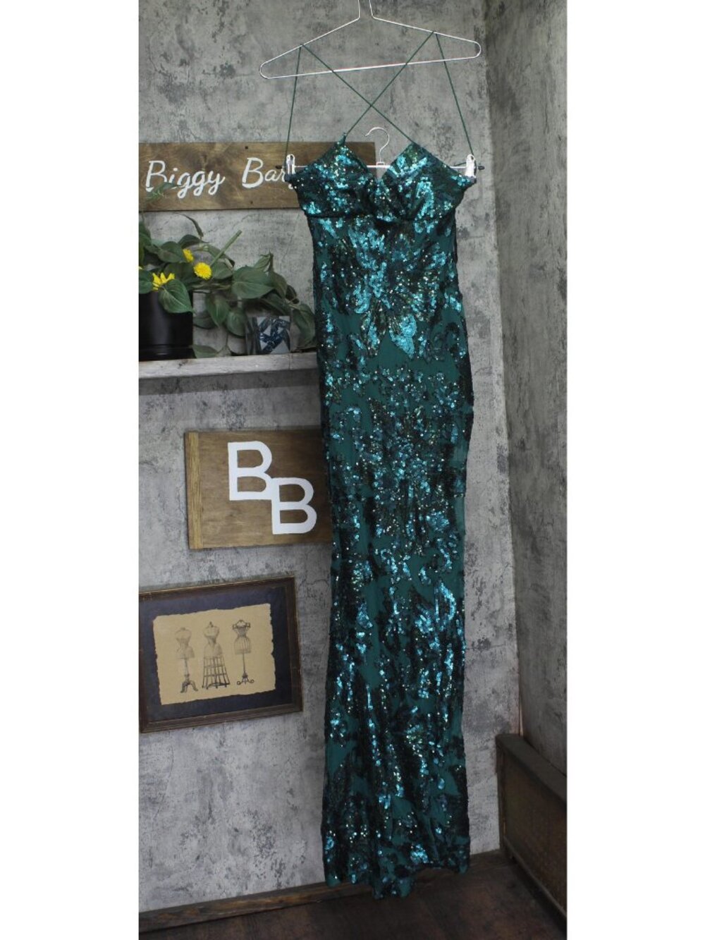 B. Darlin Sequin Open Back Prom Gown Green M